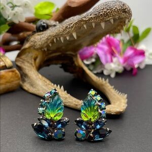 Molded glass two tone clip on earrings vintage